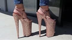 Massive Gigantic 10 Inch Pleaser BEYOND High Heel Shoes Rose Gold Glitter With Test Walking Try Out