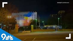 Russian Embassy blocks projection of Ukrainian flag