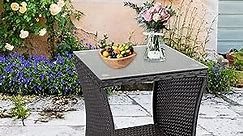 JSUN7 Outdoor Square Wicker Rattan Side Tea Table w/Glass Top Patio Furniture with Storage, Black