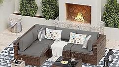 UDPATIO Patio Furniture Sets, Modular Rattan Outdoor Patio Sectional Furniture Sofa Set, Wicker Patio Conversation Set for Backyard, Deck, Poolside w/Glass Coffee Table, 5PC Grey (Include Sofa Cover)