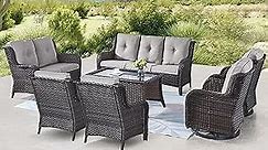 Belord Outdoor Wicker Furniture Patio Set - 7 Piece Backyard Furniture Brown Rattan Conversation Sets with Swivel Rocker Chairs, Rattan Sofa, Club Chairs and Coffee Table, Grey Cushion
