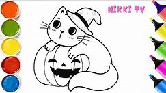 Scary Halloween Pumpkin🎃 Cat🐱 Drawing, Coloring & Painting for Kids, Toddlers | Cat Drawing, Kitty