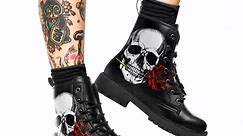 🔥👢 Unleash Your Inner Badass with Coolcustomize Men's Black Combat Boots! 👢🔥 Step up your style game with our edgy Lace-Up Skull Rose Ankle Booties! 💀🌹 Made from premium vegan leather, these boots are not only stylish but also cruelty-free and eco-friendly! 🌿♻️ With a chunky heel and platform design, you'll be standing tall and confident all day long. 💪🏼 So why blend in when you can stand out? 💥 Get your hands (or should we say feet?) on these must-have boots exclusively at toponepod.c