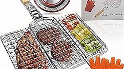 Grill Basket 430 Stainless Steel Non Stick Folding BBQ Barbecue Portable Grill Grilling Basket with Removable Handle and Gloves for Shrimp Fish Steak Chicken Wings Meat Vegetables Veggies