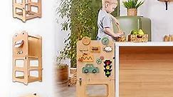 Kids Kitchen Step Stool for Kids with Safety Rail,Solid Wood Construction Toddler Learning Stool Tower, Montessori Toddlers Kitchen Stool
