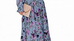 SHEWIN Women's Summer Maxi Dresses Floral Print Dresses with Long Sleeve Cocktail Party Wedding Dresses Ruffle Swing Long Dress L