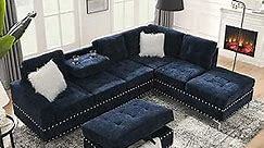 Living Room Furniture Sets,L-Shape Sectional 3-Seater Sofa with Extra Wide Reversible Chaise, Storage Ottoman and Cup Holders and Copper Nails,2 Pillows,Navy