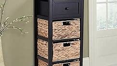 PHI VILLA Storage Cabinet with Baskets, Farmhouse Accent Cabinet Narrow Cabinet with Shelves for Bathroom Entryway Rattan Cabinet with Drawer End Table/Beside Table Black