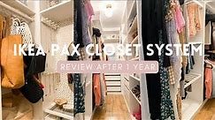 IKEA PAX CLOSET SYSTEM REVIEW AFTER 1 YEAR | closet tour and closet organization