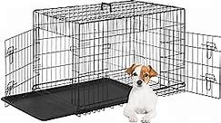 FDW Dog Crate Dog Cage Pet Crate for Large Dogs Folding Metal Pet Cage Double Door W/Divider Panel Indoor Outdoor Dog Kennel Leak-Proof Plastic Tray Wire Animal Cage (Black, 24 Inch)