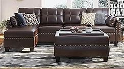 HONBAY Brown Leather Sectional Sofa with Ottoman - Easy Assembly, Storage Space
