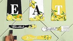 6 Pieces Lemon Cutting Board Eat Sign Set fall Hanging Art Kitchen Eat Sign Lemon Knife Fork and Spoon Wall Decor Rustic Primitive Country Farmhouse Kitchen Christmas Decor (Black, White, Yellow)