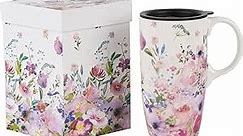 DUSVALLY Coffee Ceramic Mugs Travel Coffee Mug Porcelain Latte Tea Cup With Lid and Gift Box 17oz.Tall Coffee Mug,Pink Flower