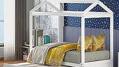 House Bed with Trundle for Kids and Toddlers, Wood Twin Size House Bed Frame, Can Be Decorated, White
