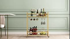 LORMITER Gold Bar Carts with 3 Tier Glass Shelves, Rolling Serving Bar Cart with Wine Rack and Glass Holder, Home Bar Carts & Wine Carts on Wheels for Kitchen, Indoor & Outdoor