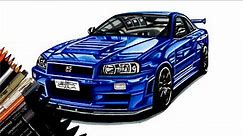 Realistic Car Drawing - Nissan Skyline GT-R R34 - Time Lapse - Drawing Ideas