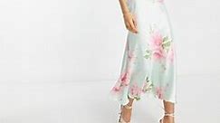 ASOS DESIGN Petite satin flutter sleeve midi dress with ruched bust detail in contrast large floral print in mint and pink | ASOS