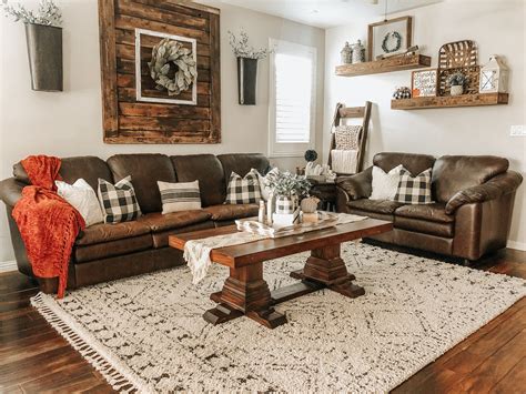 Farmhouse Living Room with Brown Couch