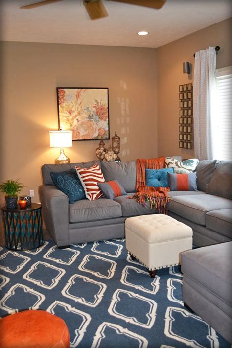 Orange Grey and Blue Living Room