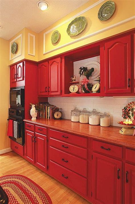 Red Kitchen Cabinets with Yellow Walls