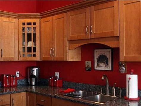 Red Kitchen Walls with Oak Cabinets