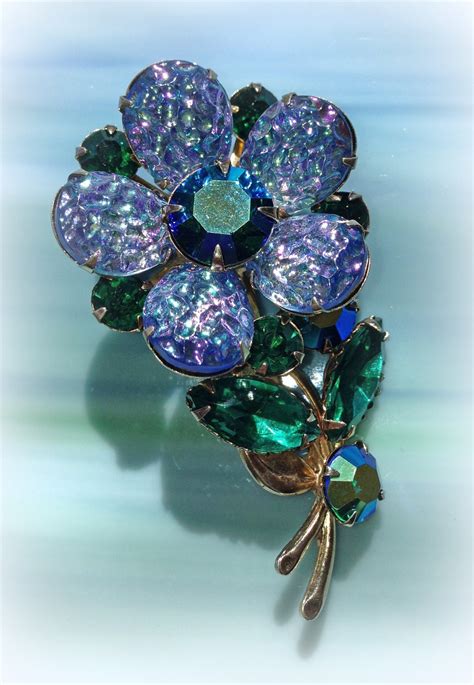Vintage Blue Rhinestone Flower Brooch